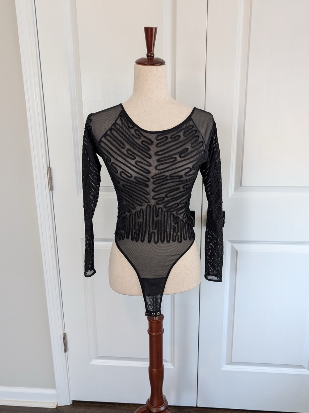 Vintage KRIZIA Made in Italy Sheer Mesh Soutache Bodysuit Long Sleeve Black 42